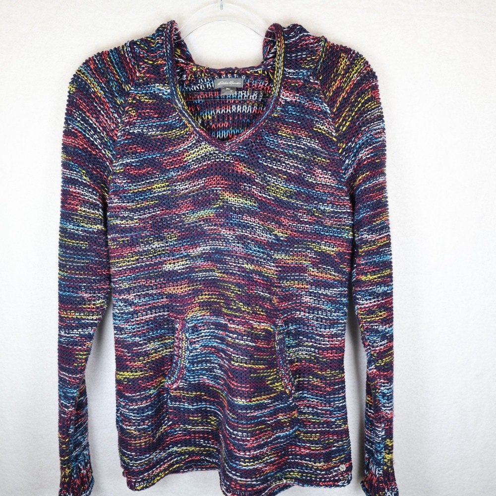Eddie Bauer Womens Multi Color Knit Hoodie Sweater Size M V Neck‎ Pullover